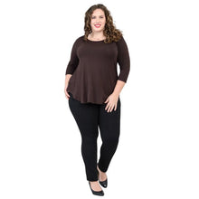 female model wearing jazz coffee brown three quarter sleeve top and nadia black pants front view on white background