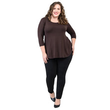 female model wearing jazz coffee brown three quarter sleeve top and nadia black pants front view on white background