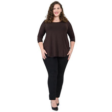 female model wearing jazz coffee brown three quarter sleeve top and nadia black pants front view on white background
