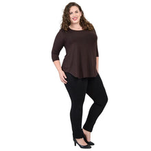female model wearing jazz coffee brown three quarter sleeve top and nadia black pants side view on white background