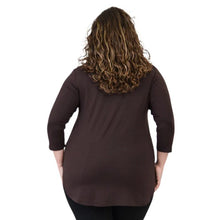 top half of female model wearing jazz coffee brown three quarter sleeve top front view on white background