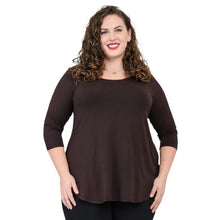 top half of female model wearing jazz coffee brown three quarter sleeve top front view on white background