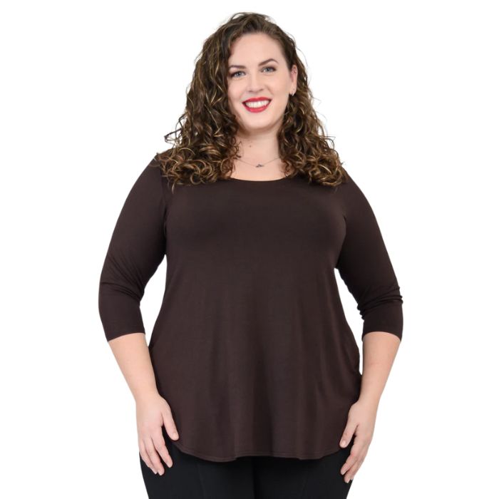 top half of female model wearing jazz coffee brown three quarter sleeve top front view on white background