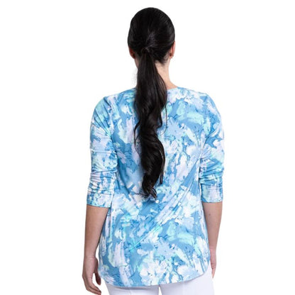 female model wearing denim cloud print jazz top back view on white background