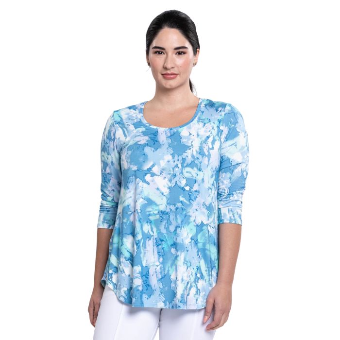 female model wearing denim cloud print jazz top front view on white background