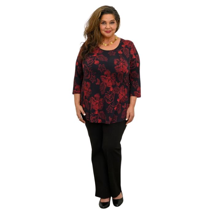 a woman wearing floral trace print jazz  top and black daya pants front view on white background