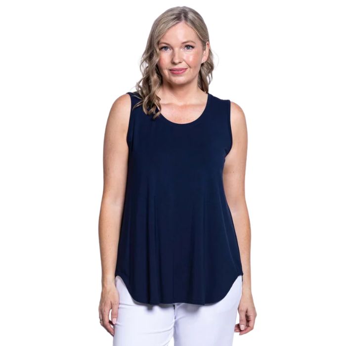 female model wearing indigo blue jazz tank top front view on white background