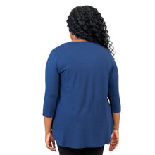 top half of female model wearing jazz indigo blue three quarter sleeve top back view on white background