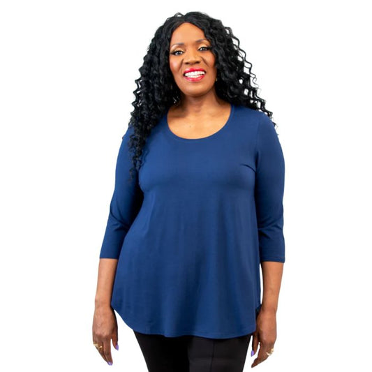 top half of female model wearing jazz indigo blue three quarter sleeve top front view on white background