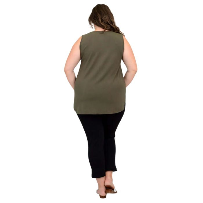 female model wearing khaki green jazz tank top and black nadine cropped pants back view on white background