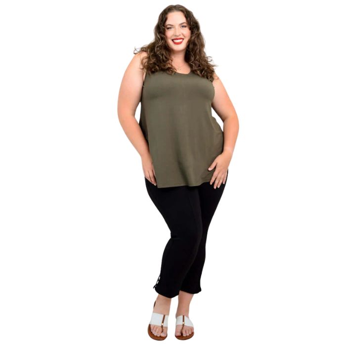 female model wearing khaki green jazz tank top and black nadine cropped pants front view on white background