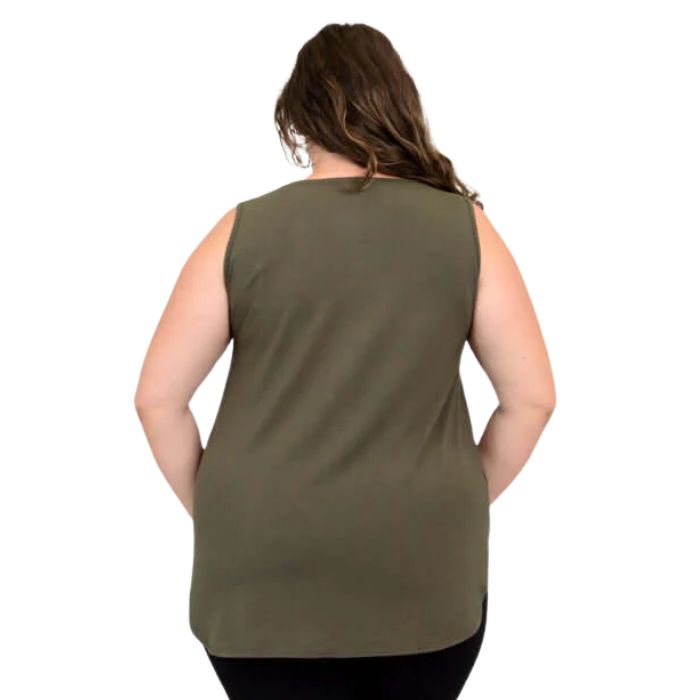 female model wearing khaki green jazz tank back view on white background