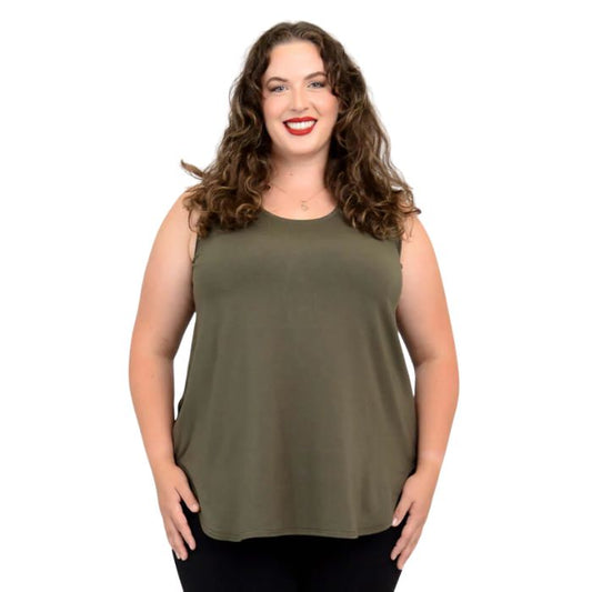 female model wearing khaki green jazz tank top front view on white background