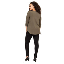 female model wearing jazz khaki green three quarter sleeve top and nadia black pants back view on white backround