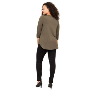 female model wearing jazz khaki green three quarter sleeve top and nadia black pants back view on white backround