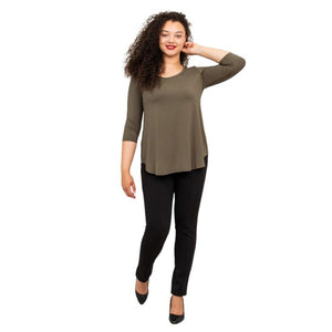 female model wearing jazz khaki green three quarter sleeve top and nadia black pants front view on white backround