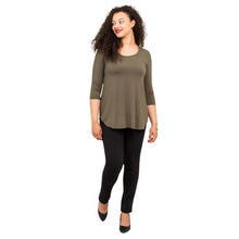 female model wearing jazz khaki green three quarter sleeve top and nadia black pants front view on white backround