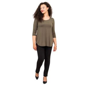 female model wearing jazz khaki green three quarter sleeve top and nadia black pants front view on white backround