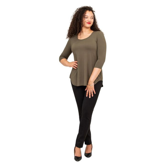 female model wearing jazz khaki green three quarter sleeve top and nadia black pants front view on white backround