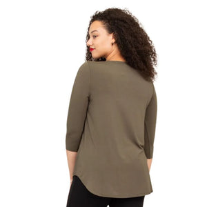 top half of female model wearing jazz khaki green three quarter sleeve top back view on white background