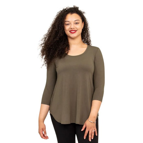 top half of female model wearing jazz khaki green three quarter sleeve top front view on white background