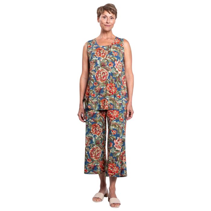 female model wearing khaki vintage print jazz tank top and khaki vintage print jondo capri pants front view on white background