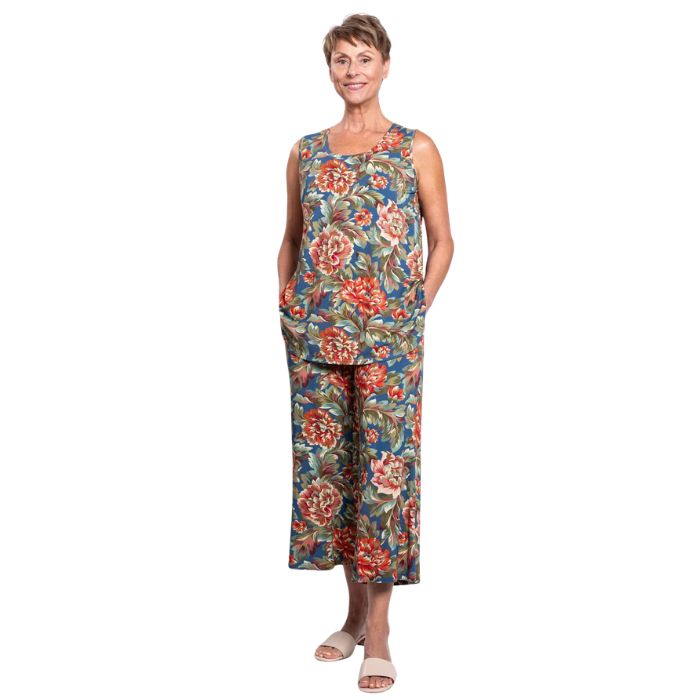 female model wearing khaki vintage print jazz tank top and khaki vintage print jondo capri pants front view on white background