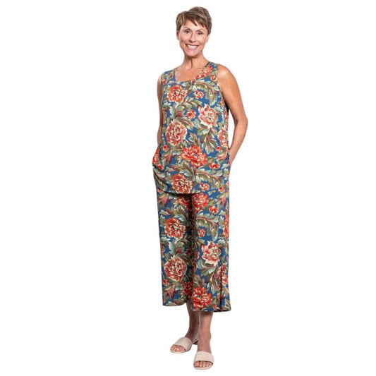 female model wearing khaki vintage print jazz tank top and khaki vintage print jondo capri pants front view on white background