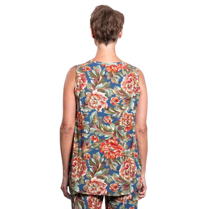 female model wearing khaki vintage print jazz tank top back view on white background