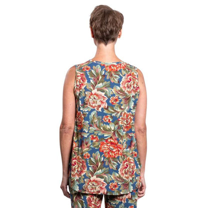female model wearing khaki vintage print jazz tank top back view on white background