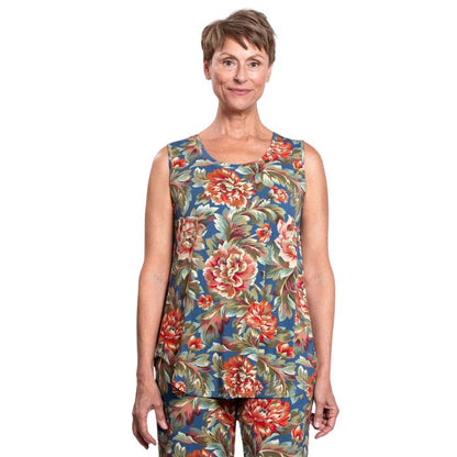 female model wearing khaki vintage print jazz tank top front view on white background