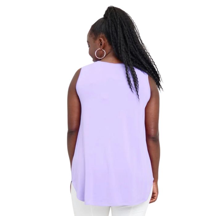 female model wearing lilac purple jazz tank top back view on white background