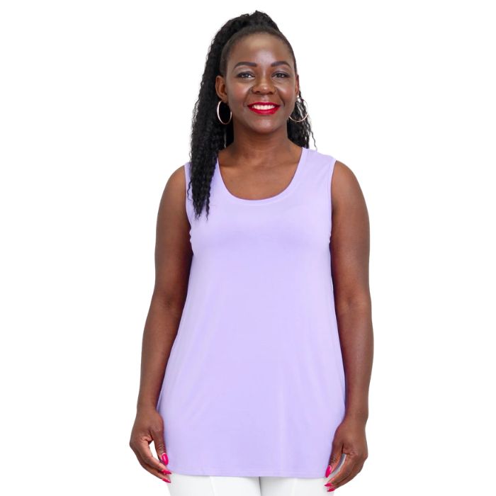 female model wearing lilac purple jazz tank top front view on white background