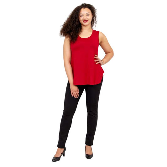 female model wearing lipstick red jazz tank top and black nadia pants front view on white background