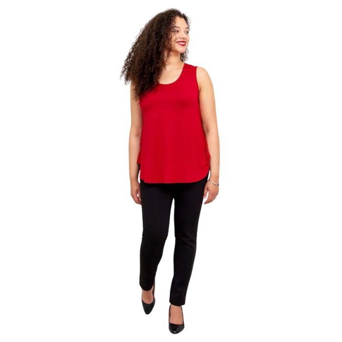 female model wearing lipstick red jazz tank top and black nadia pants front view on white background
