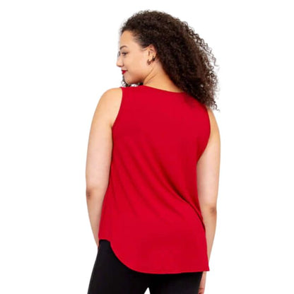 female model wearing lipstick red jazz tank top back view on white background