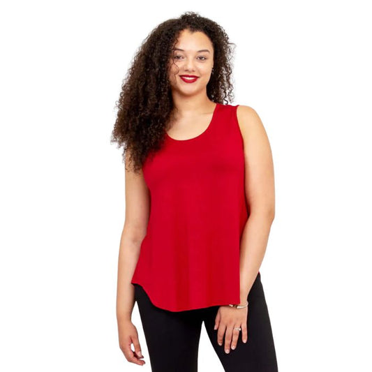 female model wearing lipstick red jazz tank top front view on white background