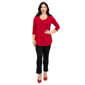 female model wearing jazz lipstick red  three quarter sleeve top and nadia black pants front view on white background