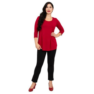 female model wearing jazz lipstick red  three quarter sleeve top and nadia black pants front view on white background