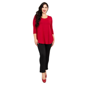 female model wearing jazz lipstick red  three quarter sleeve top and nadia black pants front view on white background