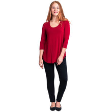 female model wearing jazz lipstick red  three quarter sleeve top and nadia black pants front view on white background