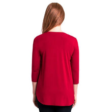top half of female model wearing jazz lipstick red three quarter sleeve top front view on white background