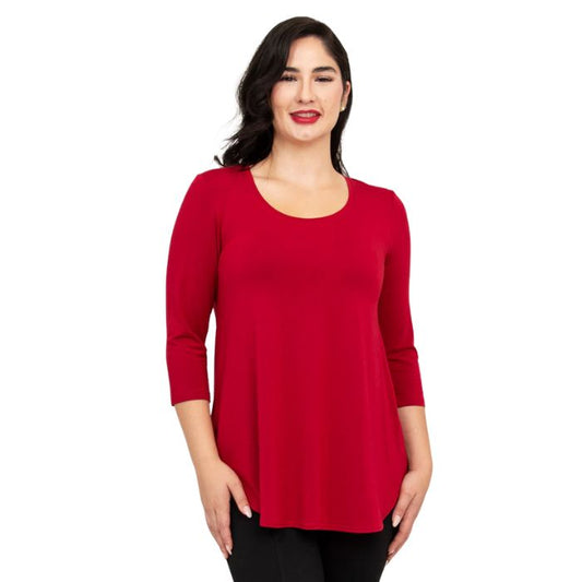 top half of female model wearing jazz lipstick red three quarter sleeve top front view on white background