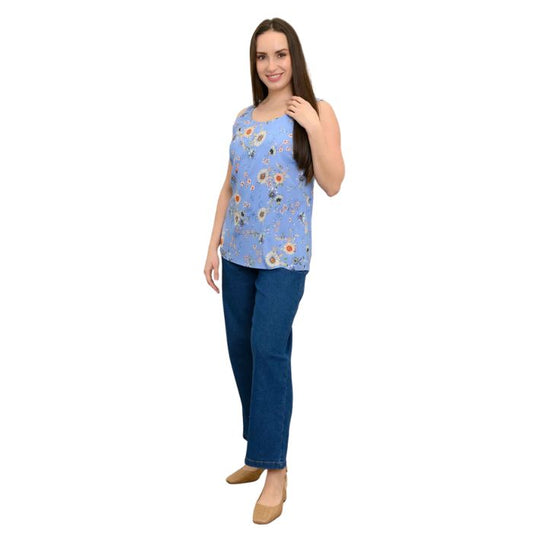 female model wearing peri daisy print jazz tank top and denim blue jeans front view on white background