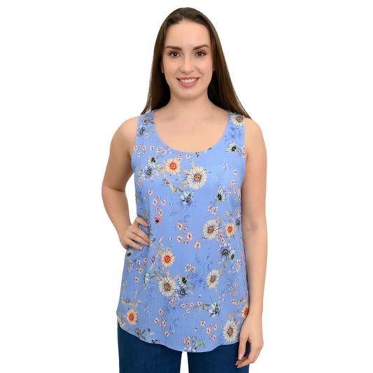 female model wearing peri daisy print jazz tank top front view on white background