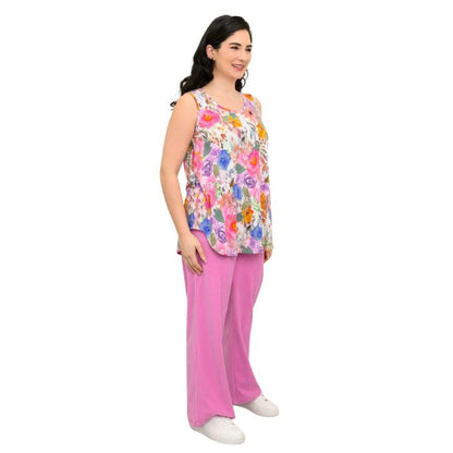 female model wearing pink bouquet print jazz tank top and pink parker pants front view on white background