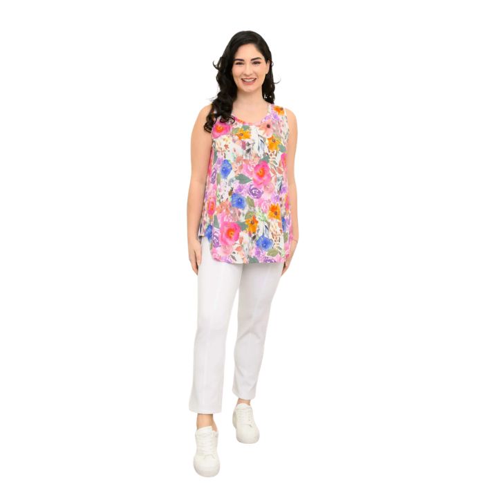 female model wearing pink bouquet print jazz tank top and white nadine cropped pants front view on white background