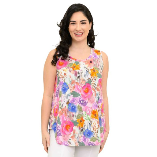 female model wearing pink bouquet print jazz tank top front view on white background