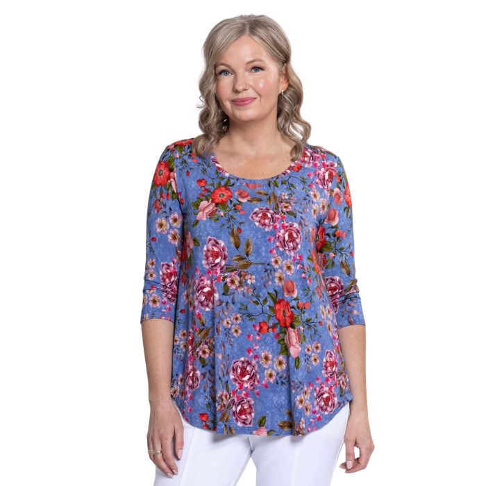 female model wearing jazz red rosebud print three quarter sleeve top front view on white background