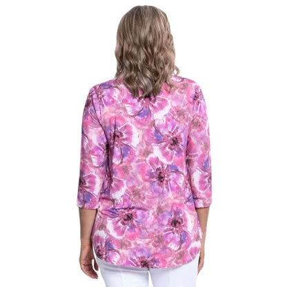 female model wearing jazz royale cardiff print three quarter sleeve top back view on white background
